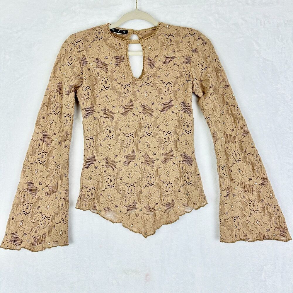 Vintage 579 Y2K Lace Mesh Jewelled Bell Sleeve Top Size XS Keyhole Fairy